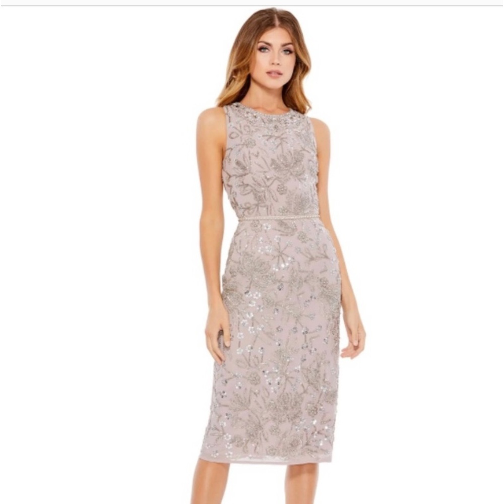 MAC DUGGAL Beaded Mesh Midi Cocktail Dress in Vintage Lilac Size US 0